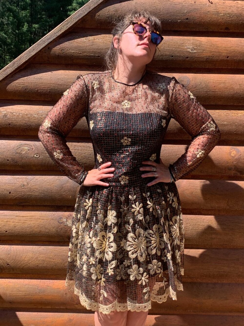 Vintage 80s Travilla Gold Mesh Floral Illusion Pleated Long Sleeve Dress